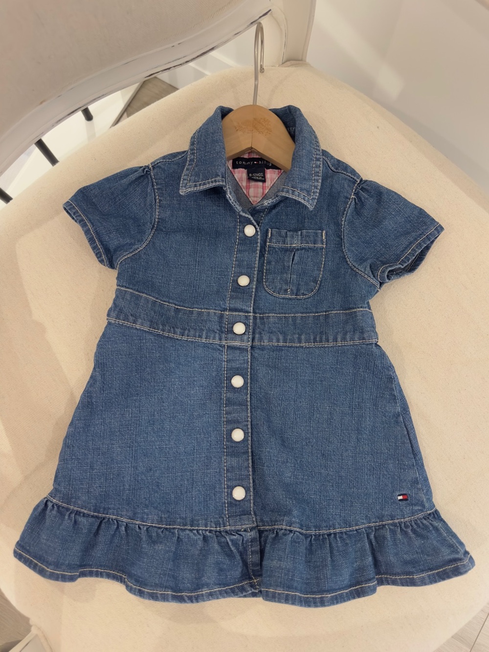 🦢 6~12 Mth Tommy Hilfiger Short-Sleeve Ruffle Pearly Button Denim Baby Dress